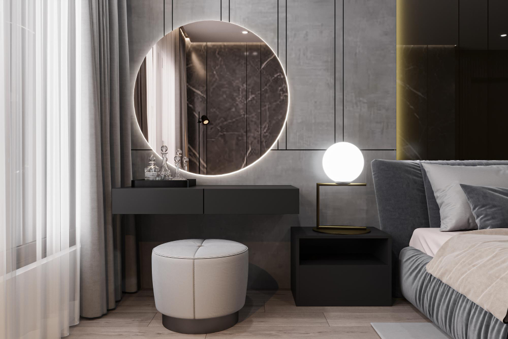 lustro w szarej sypialni w nowoczesnym stylu nad toaletką obok łóżka aranżacja 3